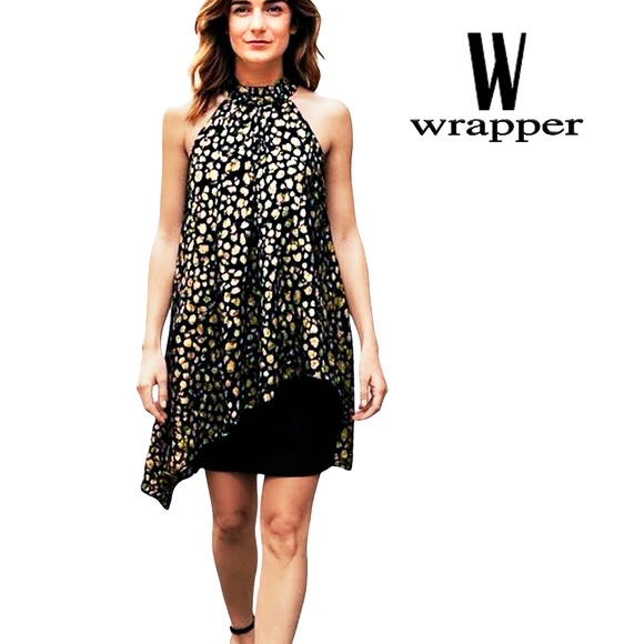 Wrapper Halter Dress Gold Metallic Animal Print Party Cocktail Flowy Overlay - Picture 1 of 15
